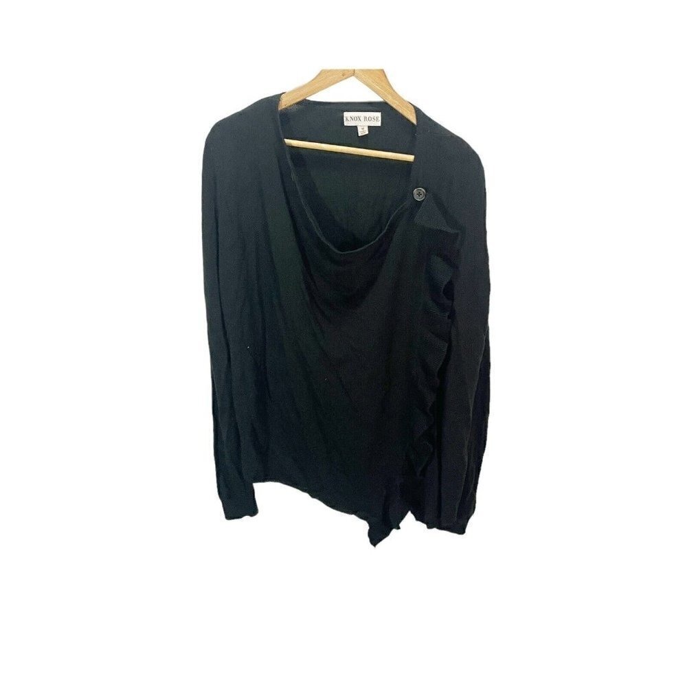 Knox‎ Rose Cardigan Sweater Womens M Ruffle Wrap Front Black Long Sleeve Boho
